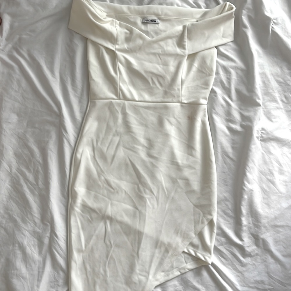 White FashionNova Asymmetric Body Con Off the Shoulder Dress